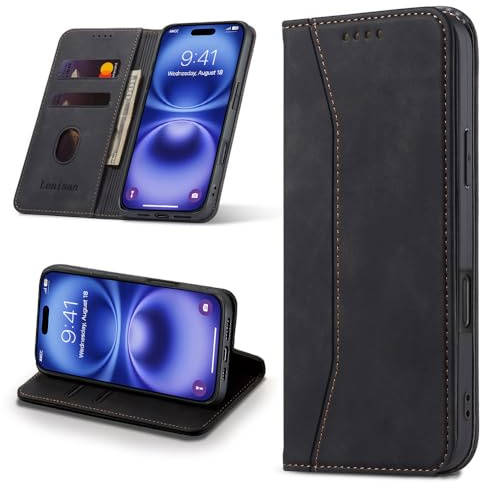Leaisan Handyhülle für iPhone 16 Hülle Premium Leder Flip Klappbare Stoßfeste Magnetische [Standfunktion] [Kartenfächern] Schutzhülle für iPhone 16 Tasche - Schwarz