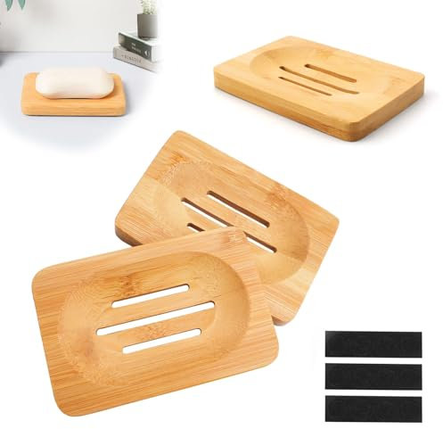 HERKINDNESS 3 Stück Seifenschale Holz, Naturholz Seifenschale, Soap Holder, mit Fußmatte, Hält Seife Trocken, für Küche, Badezimmer, Waschbecken, Badewanne