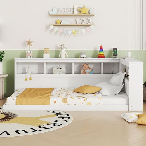 Moimhear Daybett, 90 x 200 cm, Schlafsofa, Tagesbett, Mit Steckdose und 2 USB-Anschlüssen, Bett mit Lattenrost (ohne Matratze), Spanplatte,223.6 x 116.6 x 70cm (Weiß)