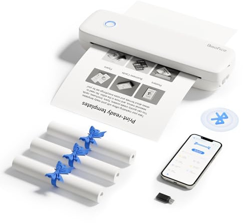 Bisofice Stampante termica A4 300 dpi – Stampante portatile A4 per viaggio, scuola, casa, stampante portatile Bluetooth senza fili, compatibile con smartphone e PC, con 3 rotoli di carta termica