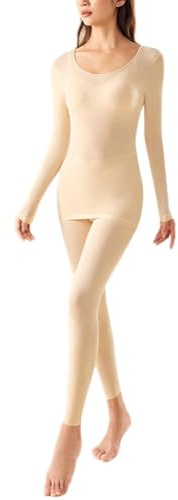 AOWVUTS Ensemble de sous-vêtement Thermique Femme, Haut Manches Longues et Pantalon Léger et Chaud, Couche de Base Col Rond Ensemble Automne Hiver pour Sports Running Ski (Beige, XL)
