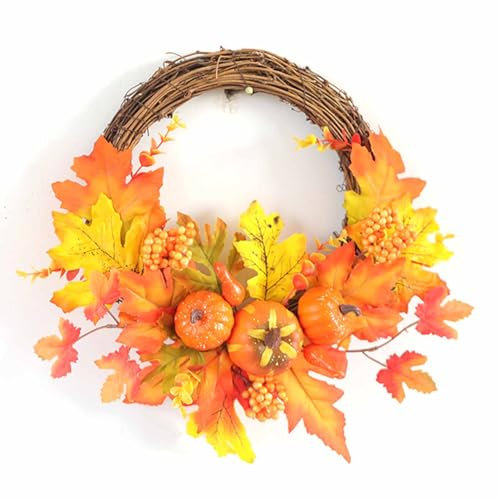 12 Inch Fall Wreath Lifelike Pumpkin Maple Leaves Harvest Wreath Easy Installation Premium Material Versatile Decor Piece for Autumn Decoration Front Door