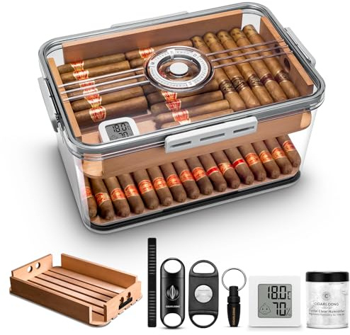 Zigarren Humidor Box mit Luftbefeuchter und Hygrometer, Zedernregal für luftdichten Acryl-Humidor kann ungefähr 100 Zigarren einschließlich Zigarrenschneider und Zigarrenpunsch