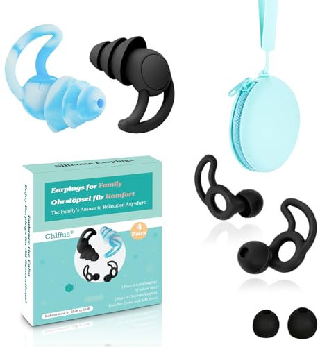 Ohrstöpsel zum Schlafen Noise Cancelling, 4 Paar Silikon Gehörschutz (davon 2 Paar Kinder Ohrstöpsel), Wiederverwendbarer und Waschbare, 32dB Lärm Reduktion mit tragbarem Silikonbeutel