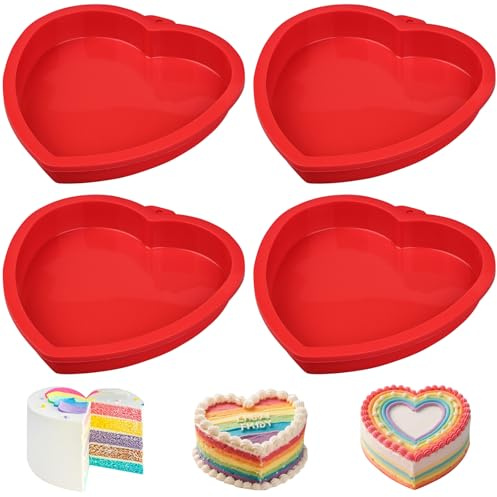 BFJ Heart Shaped Cake Pans 4pcs Silicone Layer Cake Mould Heart Shape 6 inch Rainbow Cake Moulds for Mothers Day Birthday Wedding Valentines Day