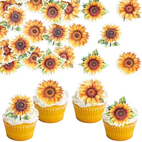Ephlyn 48Pcs Sunflower Cupcake Toppers Edible Flowers Cake Decorations Edible Paper Sunflower Party Decorations for Baby Shower Sunflower Birthday Party Cake Toppers Food Decorations Supplies