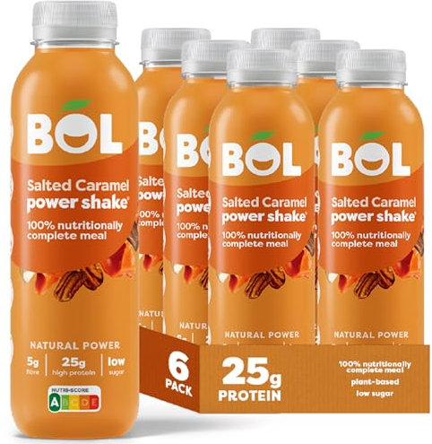 BOL Salted Caramel Power Shake — Ready-to-drink Nutritionally Complete Meal (300kcal) | 27g High Protein Shake Bottle | Low Sugar, Plant-based, Low Calorie Meal Replacement Shakes (410ml x 6 bottles)