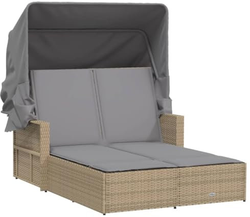 Eleganz Doppel-Sonnenliege mit Dach und Auflagen - Beige PE-Rattan & Pulverbeschichteter Stahl - Perfekt für Gartenbetten - Langlebig & Stilvoll