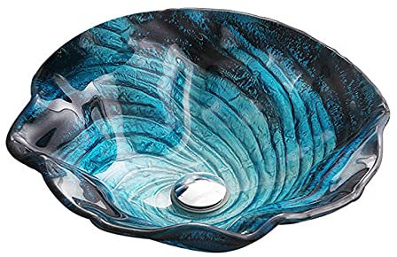JYBNBBE Lavandino da appoggio per Bagno, lavabo da appoggio in Vetro temperato Blu, Moderno lavabo Artistico con Rubinetto a Cascata e Scarico a Scomparsa per Bagno, A,B