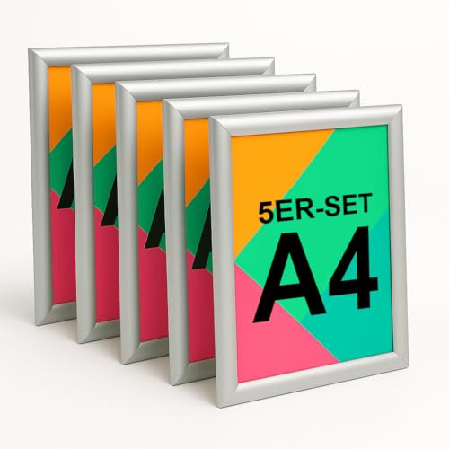 Aluanz Klapprahmen A4, Silber, 5er Set | Bilderleiste, Wechselrahmen mit Antireflexfolie, Posterleiste für Wandmontage, Hoch- & Querformat, 33 x 24 x 1,2 cm