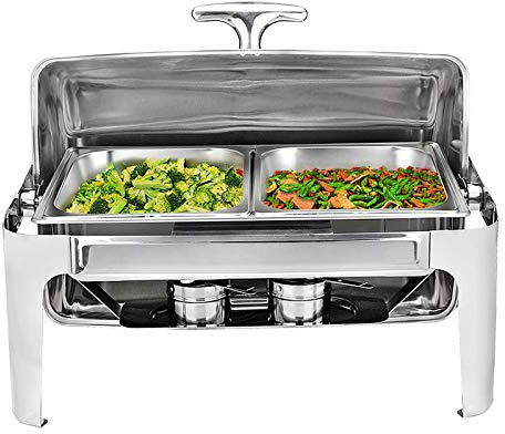 HAVVMK Juego de Buffet de 9 l con Calentadores de Acero Inoxidable con Tapa Enrollable, Bandeja para Comida, Bandeja para Agua y Soportes para Combustible. Mantiene la Comida Caliente en