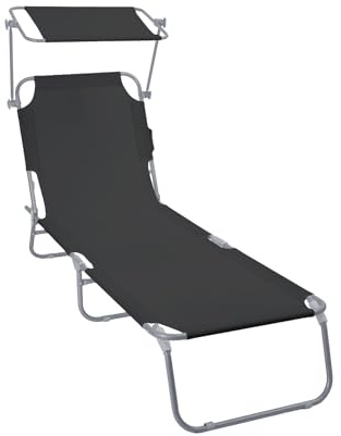 VOUNOT® Folding Sun Lounger with Adjustable Backrest & Sunshade, 4-Position Reclining Sun Bed, Portable Outdoor Garden Chair, Max Load 120kg, Black