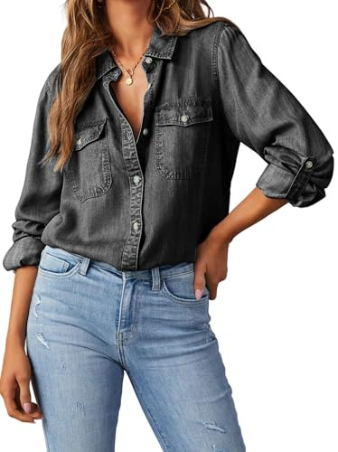 Kouoybt Camisa vaquera de manga larga con botones para mujer, estilo casual, holgada, vintage, con bolsillos, A-gris oscuro, XL
