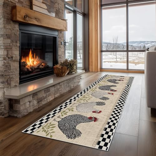 Dppyuxa Bauernhaus Hahn Küchenteppich Landhausstil Huhn Waschbar | rutschfest, Läufer Teppich für Küche und Flur Langer Flurteppich Karierte Blatt auch als Bettvorleger 60x210 cm