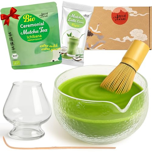 Goodwei - Set completo per matcha con ciotola di alta qualità in ceramica con beccuccio, frullino e porta frullino | Set regalo per cerimonia del tè con matcha BIO & matcha al cocco latte (bicchiere