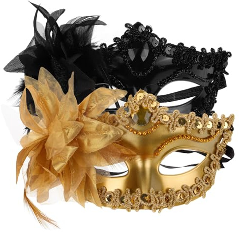 Abaodam 2 Pièces Masque Mascarade Femme Demi-visage Floral Halloween Carnaval Cosplay Léger Élastique Noir et Doré