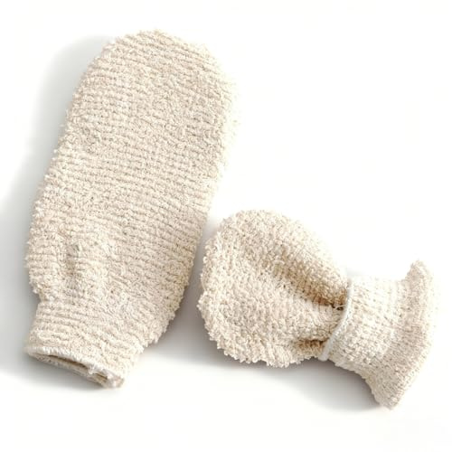 Natural Bath Gloves Shower Mitts for Deep Exfoliation, Soft Loofah Mitts Shower Gloves for Body Scrub in Shower, Bath, 2 Pack of Wash Mittens for Men Women(White)