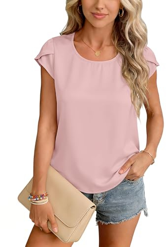 Yommay Ladies Tops Chiffon Summer Soft Lightweight Shirts Elegant Casual T-Shirts Womens Basic Blouses,Pink,L