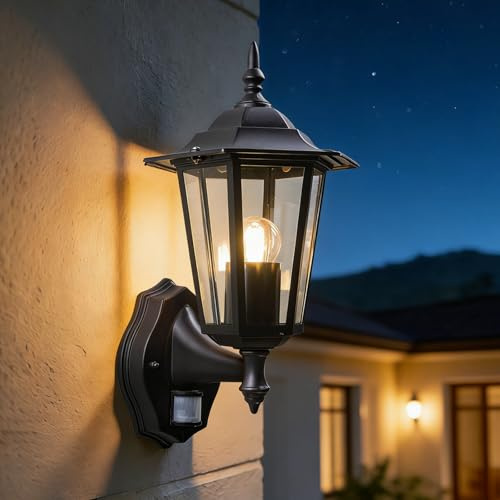 Yaolon Outdoor Wall Light with Motion Sensor, Outside Lights with Motion Sensor, Adjustable Mains Powered PIR Security Light, Waterproof Aluminium Lantern for Porch Garage, E27 Bulb Base