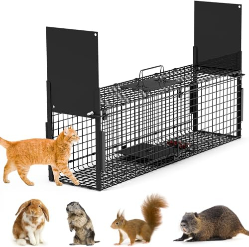 32'' Double Door Live Animal Cage Trap, Collapsible Galvanized Iron Humane Catch Release Animal Catcher Cage for Rabbits Groundhogs Skunk Opossums Nutria Stray Cats Under 12LBS