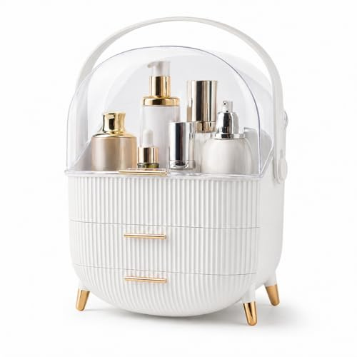 BozexPro Makeup Organiser with 3-Tier Drawers – Multi-Function Cosmetics & Skincare Storage Box, Clear Dustproof & Waterproof Cover, (White)