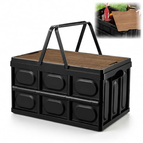Hengrongshen Fällbara lådor – 30 l hopfällbara lådor, stabil hopfällbar låda med lock, praktisk bagageförvaring, campinglådor, 43 x 30 x 24 cm (svart)