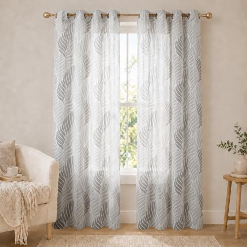 VKZ Coppia di Tende per Interni Semitrasparenti con Occhielli, Effetto Lino, Tende Filtranti Moderne per Soggiorno Camera da Letto Finestra, Motivo a Foglie, 2 Pezzi,grigio
