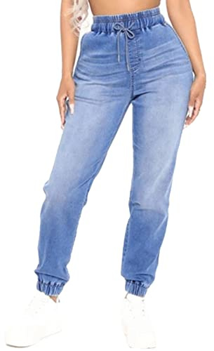 Sommarjeans för dam med elastisk midja smal midja - sommar dam joggare eleganta byxor medelhög midja stretch byxor smal fot capribyxor med dragsko eleganta smala figurbyxor, Ljusblå, L