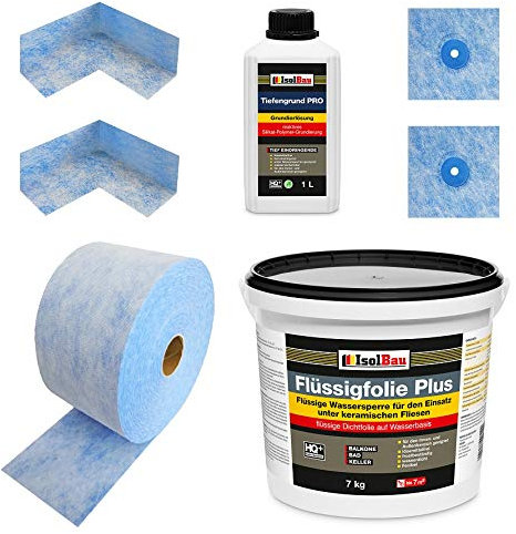Isolbau Dichtset - Inkl. 1x Flüssigfolie PLUS (7 kg), 1x Tiefengrund PRO (1L), 1x Dichtband (5 m), 2x Innenecken & 2x Manschetten