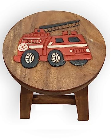 Kinaree Handgefertigter Kinder Hocker mit bunten Motiven - Massivholz Stuhl doppelt verstrebt (Feuerwehr)