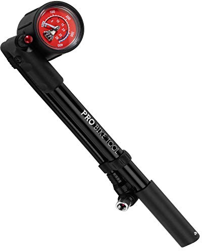 PRO BIKE TOOL Shock Pump for Mountain and Road Bikes - High Pressure 300 PSI Bike Shock Pump - Ideal for Front Fork and Rear Suspension Air Shock - No Leak Valve and T-Handle Design - Industrial Gauge