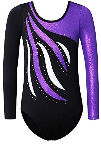 XFGIRLS Gymnastikanzug für Mädchen, langärmelig, glitzernd, glänzend, athletisch, Ballett, Tanz, Turnanzug, 3–14 Jahre, schwarz / lila, 11-12 Years