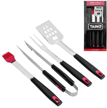 TAINO Grillbesteck-Set 4-teilig Edelstahl Grillzubehör schwarz rot BBQ-Zubehör Accessoire