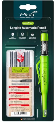Pica Dry Bundle 30405 I Tieflochmarker 3030 + Spezial-Minen-Set 4050 | Mit Spitzer und Halteclip I Spezial-Minen Härte H (10x Grafit H) I nachfüllbar I Staub- und Nässeschutz.