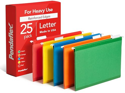 Pendaflex Hanging File Folders, 25 Pack, Letter Size (8.5 x 11), Assorted Colors: Green, Blue, Red, Yellow, Orange, 5 Tab Positions, Reinforced, Includes Tabs and Inserts, Durable Hanging Files