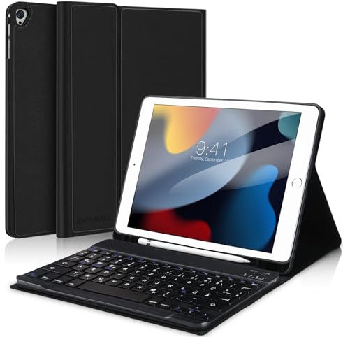 JADEMALL Für iPad 9 Generation Hülle mit Tastatur für iPad 10.2 Zoll (7./8./9. Gen 2019-2021) – Abnehmbare Bluetooth Tastatur, Deutsches QWERTZ, Stifthalter, TPU Schutzhülle, Schwarz