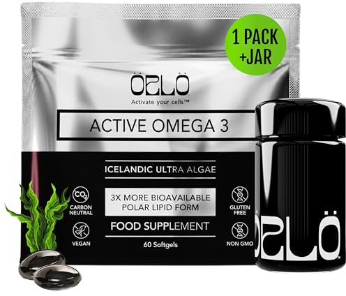 Orlo Vegan Omega 3 Algae Oil 1000mg - Natural Icelandic Nordic Omega-3 EPA & DHA Supplement - Fish Oil & Krill Alternative for Heart & Brain – 60 Easy-to-Swallow Burpless Mini Softgels & Jar