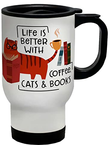 Shopagift Coffee Cats Books Travel Mug Funny Life is Better Gift Cup