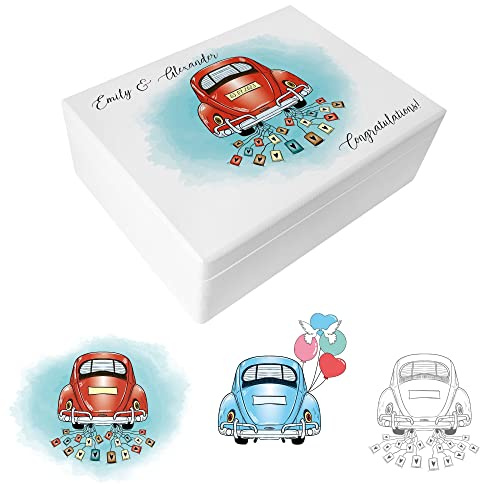 Creative Deco Weißes Geschenk zur Hochzeit | Erinnerungsbox Personalisiert | Geschenkkiste für Brautpaar JGA | Auto Hochzeit Motiv | Holzkiste mit Deckel | Farbdruck | 40 x 30 x 14 cm