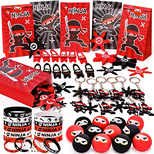 Tacobear Ninja Party Mitgebsel Kindergeburtstag 72 STK. Ninja Hüpfbälle Silikon Armbänder Fingerschleuder Geschenketüte Schlüsselanhänger Give Aways Kindergeburtstag für Jungen Ninjago Warrior Party