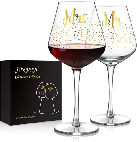 Joeyan 520ml Mr und Mrs Weingläser für Paare,Geschenk für Valentinstag Verlobungs Jahrestag für Ihn Sie,Hochzeitsgeschenk für Brautpaar,Mundgeblasene Kristall Rotweingläser mit Golddekor Deko,2er Set