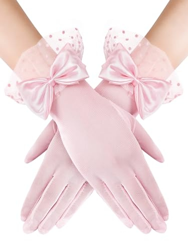 Bencailor Guanti da donna in pizzo per feste e matrimoni, con fiocco, guanti corti da sera, accessori eleganti, protezione solare funerale, Rosa, taglia unica