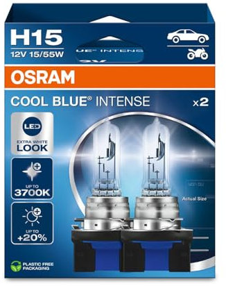 OSRAM COOL BLUE INTENSE H15, +20% di luminosità in più, fino a 3.700 K, lampada frontale alogena, aspetto LED, scatola pieghevole sospesa (2 lampade)