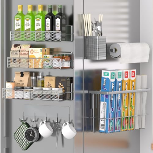 Magnetic Spice Rack for Refrigerator, 7 Pack 100% Metal Strong Magnet Shelf, Spice Organizer W/Paper Towel Holder, Hook Rack, Utensil Caddy & Cutting Board Holder, Home Kitchen Organization (Grey)