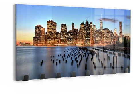 DEQORI Appendiabiti da parete in vetro e metallo, motivo crepuscolare a New York, 60 x 30 cm, design moderno, pannello appendiabiti per corridoio, soggiorno e camera da letto, magnetico e scrivibile