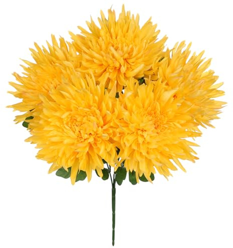 Oairse 5 Köpfe Kunstblumen Chrysanthemen Bouquet Dekoration Künstliche Große Spinnenmütter-Blumen für die Heimdekoration, Hochzeit, Haus Garten Party Büro Dekoration Blumenarrangement, Gelb