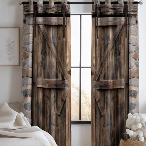 Blickdichte Gardinen Shabby Chic Holztür Muster, Verdunkelungsvorhänge Mit Ösen Braun für Schlafzimmer Wohnzimmer, Thermo vorhänge H 215 x B 91.5 cm (2er Pack)