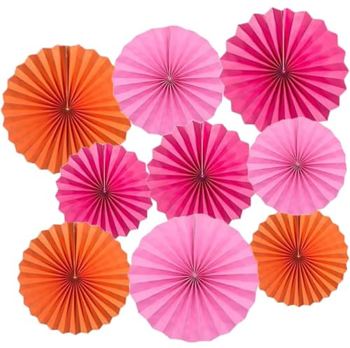 We Moment Zone Décorations de eventail Papier Rose Rouge Rose Orange, 9 Pièces Décoration de Ventilateurs en Papier Suspendus pour la Fête D'événement