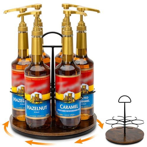 SUNNEKO Rotating Coffee Syrup Organizer Hold 6 Bottles, Wood Coffee Syrup Rack for Countertop, Large Bottle Holder Stand for Bar Station, Turntable Wine Display Tray (Black - 6 Bottles)