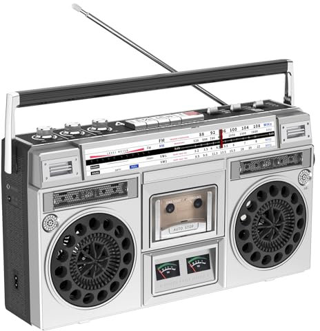 Estereo Retro de Boombox Vintage con Radio Am/FM, Reproductor de CD y grabadora de Cassette | Entrada USB/SD, Altavoces incorporados, Conector para Auriculares de 3.5 mm | Estilo de los años White